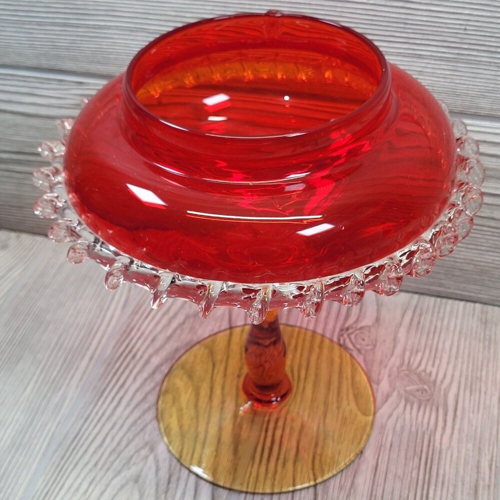 Vintage Ruby Red‎ Art Glass Pedestal Compote Bowl Clear Ruffled Edge 7.5 Inch - Picture 3 of 13